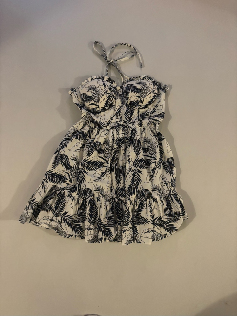 Girls White and Navy Leaf-Print Halter Dress